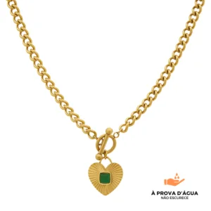 Colar Coração Esmeralda Banhado em Ouro 18K