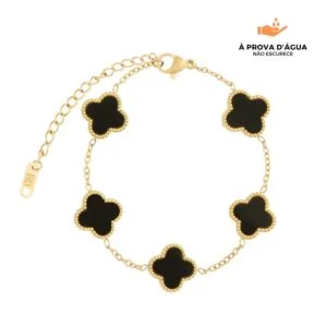 Pulseira Trevo Preto Banhado em Ouro 18K