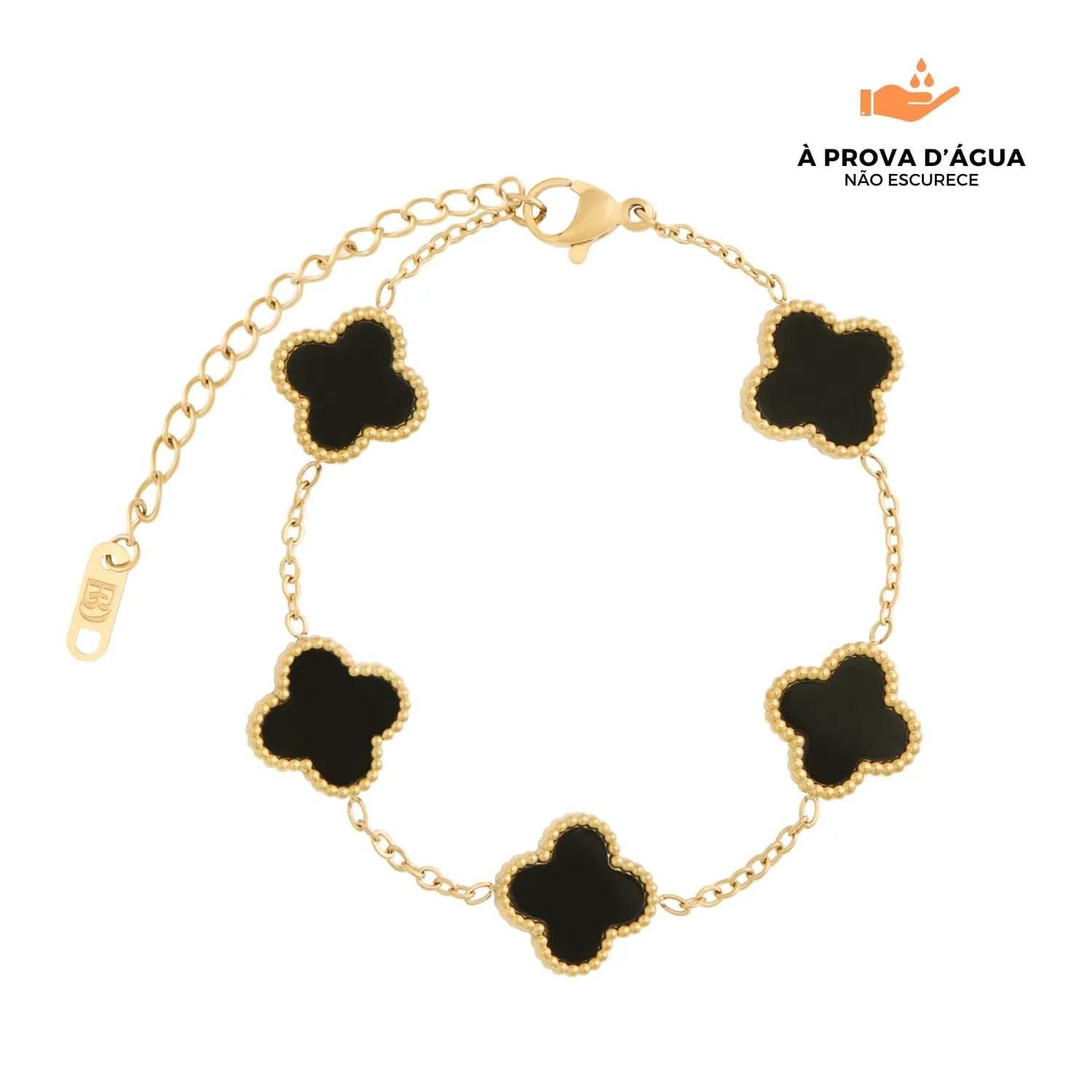 Pulseira Trevo Preto Banhado em Ouro 18K